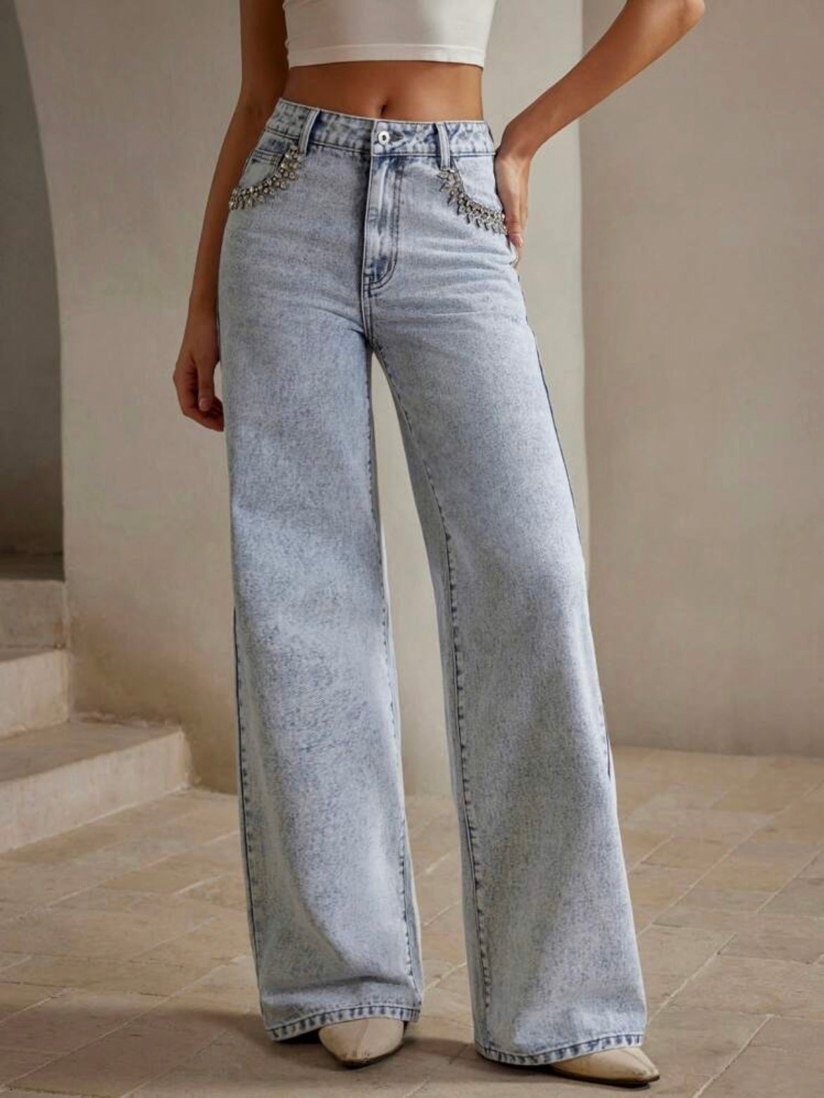 CM-BS975270 Women Elegant Seoul Style Rhinestone Decor Washed Loose Casual Straight Leg Jeans