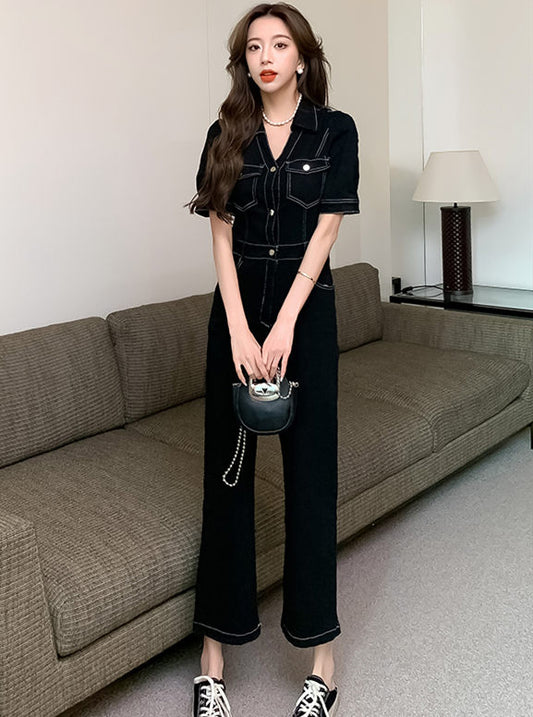 CM-JF071111 Women Elegant Seoul Style Single-Breasted V-Neck Denim Long Jumpsuit - Black
