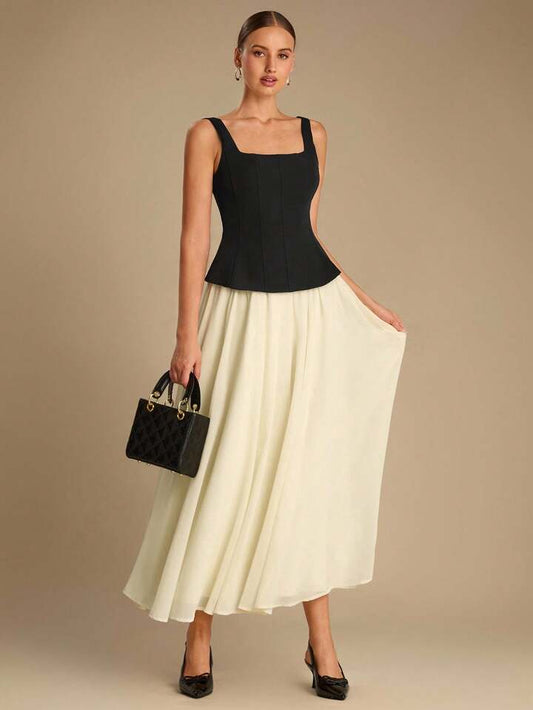 CM-DS532497 Women Elegant Seoul Style Color Block Square Neck Sleeveless Mid Waist Maxi Dress