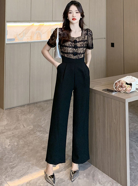 CM-JF071212 Women Elegant Seoul Style High Waist Lace Floral Splicing Long Jumpsuit - Black