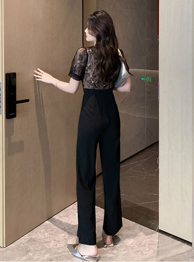 CM-JF071212 Women Elegant Seoul Style High Waist Lace Floral Splicing Long Jumpsuit - Black
