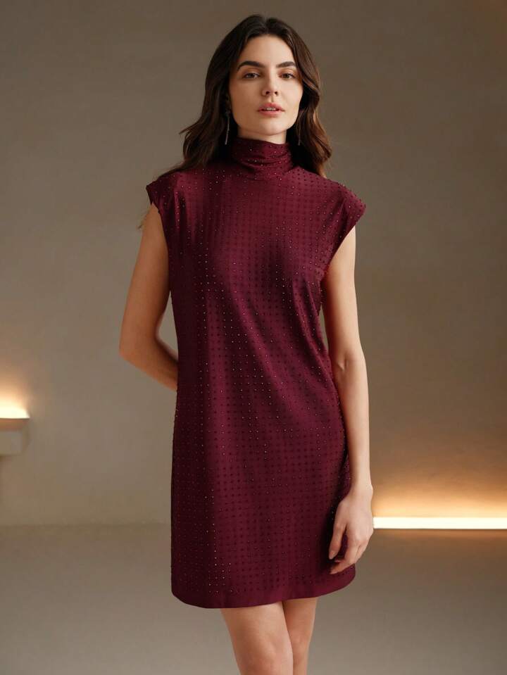 CM-DS879796 Women Elegant Seoul Style High Neck Stud-Embellished Woven Mini Dress - Burgundy