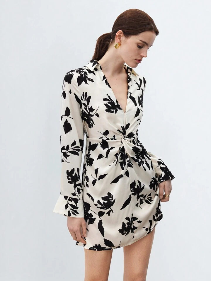 CM-DS105957 Women Casual Seoul Style V-Neck Long Sleeve Printed Twist Knot Mini Dress