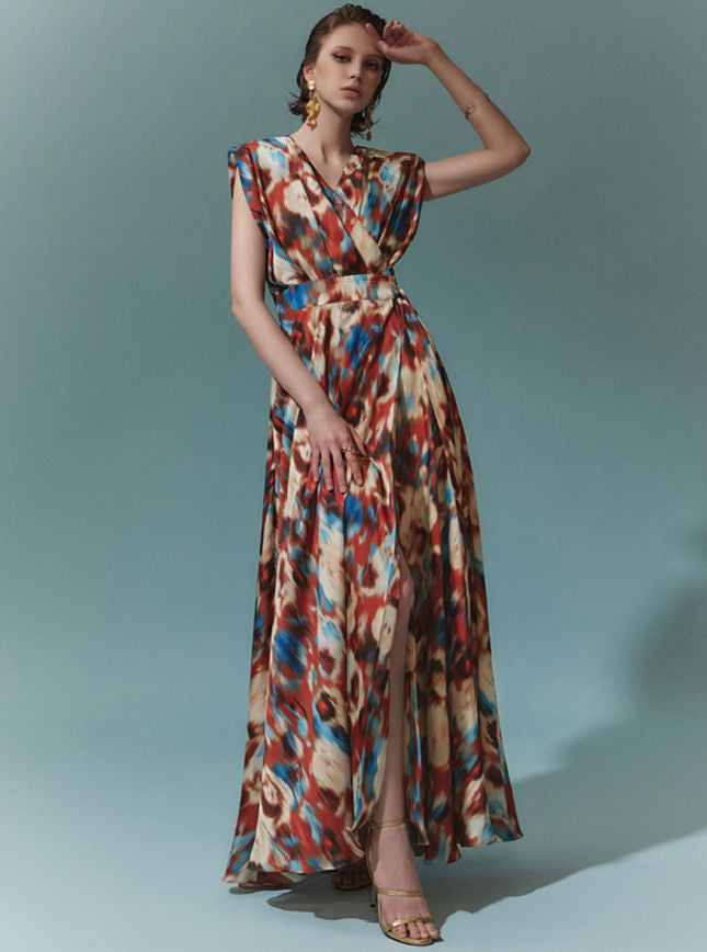 CM-DY075445 Women Vintage European Style V-Neck Tie Waist Split Floral Maxi Dress