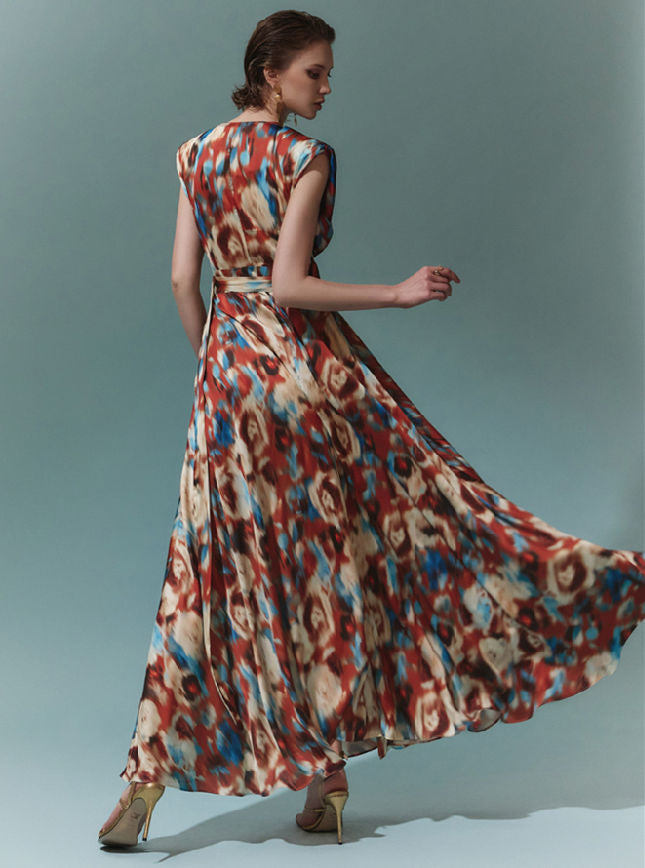 CM-DY075445 Women Vintage European Style V-Neck Tie Waist Split Floral Maxi Dress