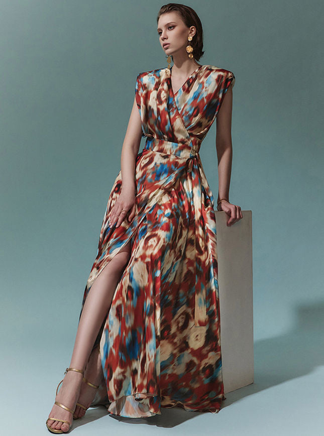 CM-DY075445 Women Vintage European Style V-Neck Tie Waist Split Floral Maxi Dress