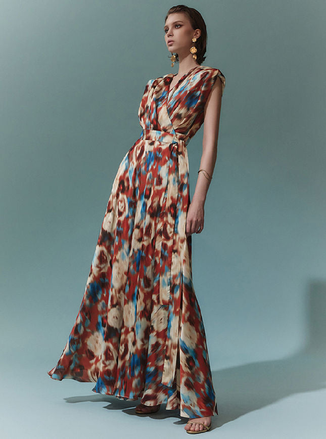 CM-DY075445 Women Vintage European Style V-Neck Tie Waist Split Floral Maxi Dress