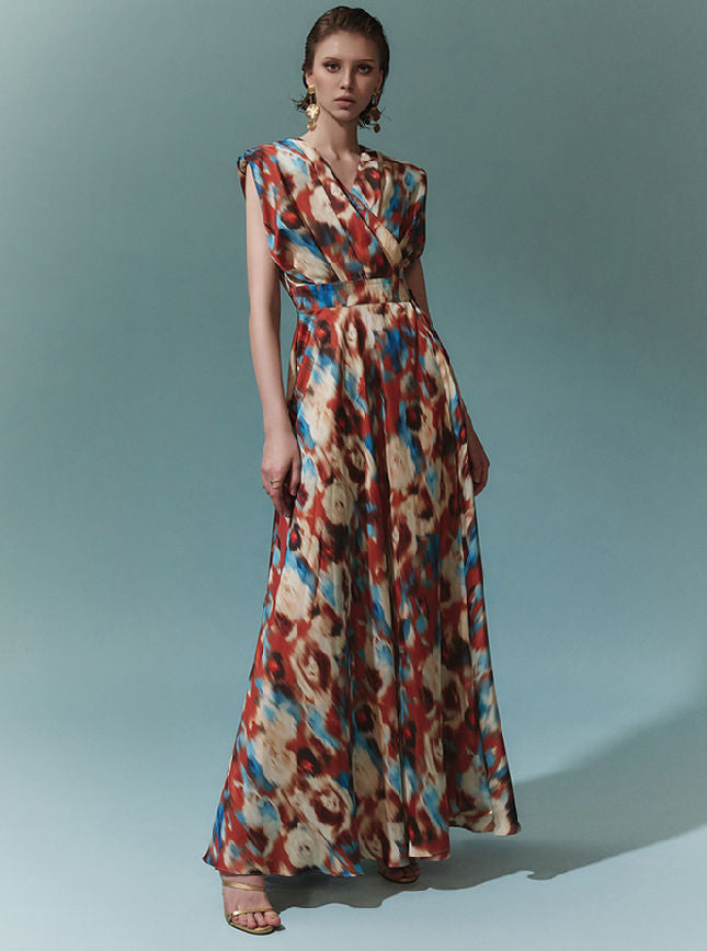 CM-DY075445 Women Vintage European Style V-Neck Tie Waist Split Floral Maxi Dress