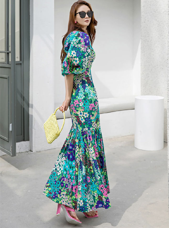 CM-DY075446 Women Trendy Bohemian Style High Waist Floral Puff Sleeve Fishtail Long Dress