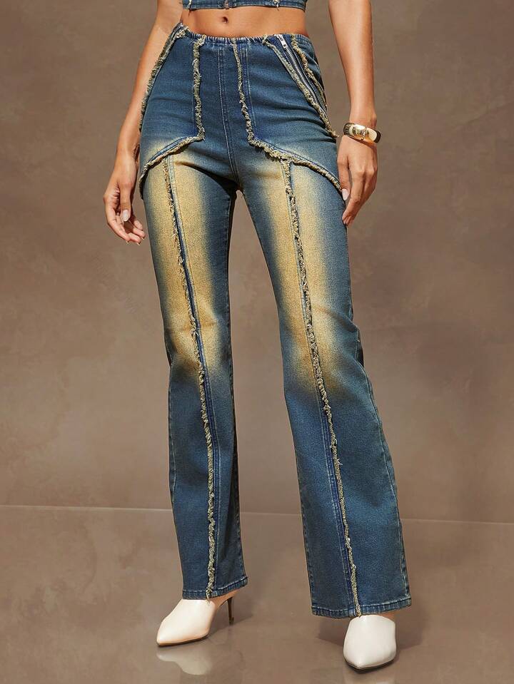 CM-BS868058 Women Casual Seoul Style Medium Wash Patchwork Fringed Zipper Design Straight-Leg Jeans