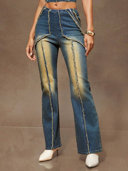 CM-BS868058 Women Casual Seoul Style Medium Wash Patchwork Fringed Zipper Design Straight-Leg Jeans