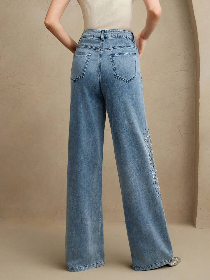 CM-BS971997 Women Elegant Seoul Style Mid Waist Rhinestone Studded Straight-Leg Jeans - Blue