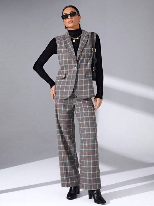CM-SS789299 Women Casual Seoul Style Plaid Print Sleeveless Waistcoat With Pants Suit