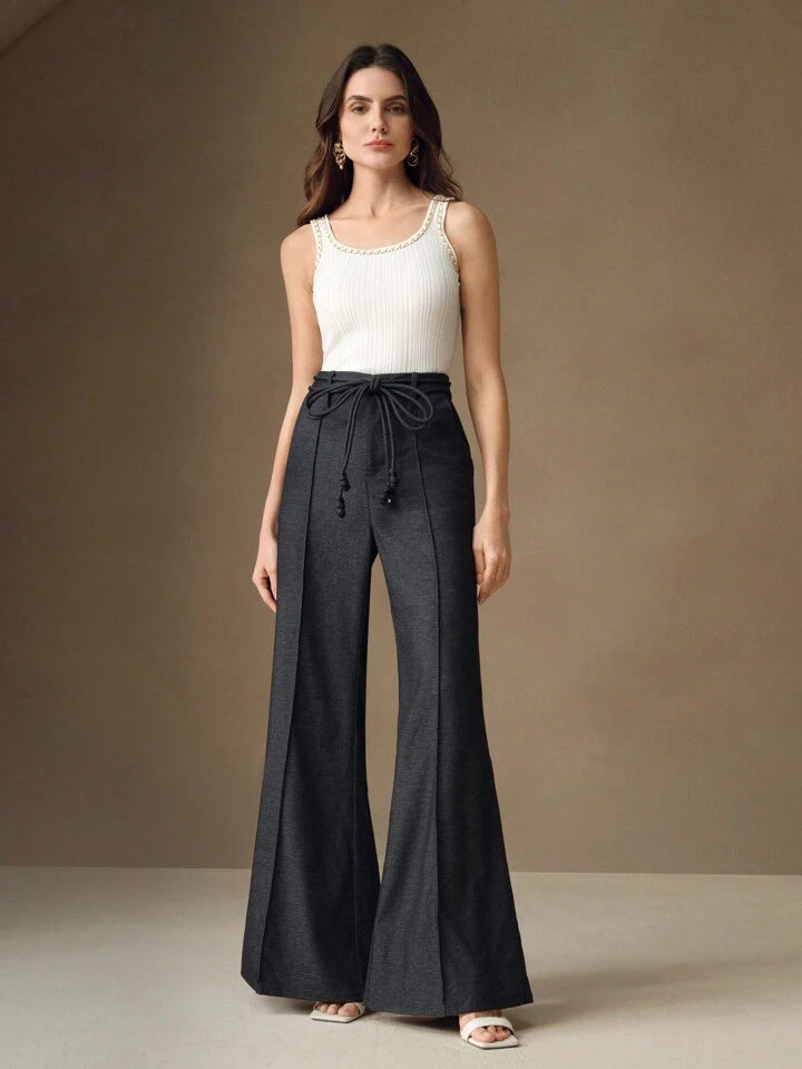 CM-BS432631 Women Casual Seoul Style High Waist Tie Belted Wide Leg Flare Palazzo Trousers