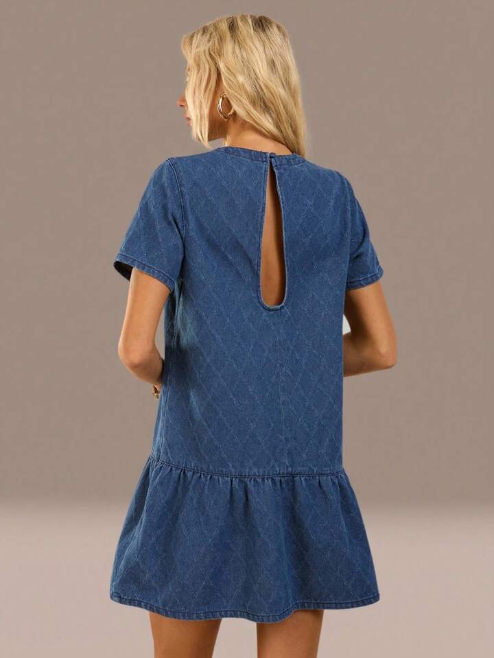 CM-DS159185 Women Casual Seoul Style Dark Wash Round Neck Short Sleeve Denim Mini Dress