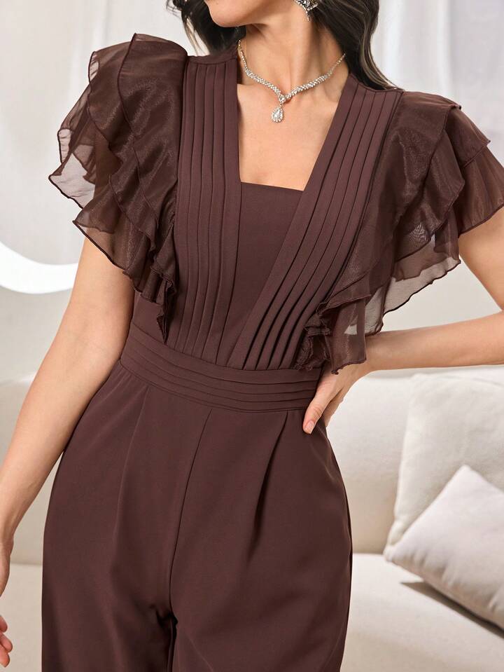 CM-JS303141 Women Elegant Seoul Style Square Neck Flounce Sleeve Ruffle Trim Pleated Jumpsuit - Coffee Brown