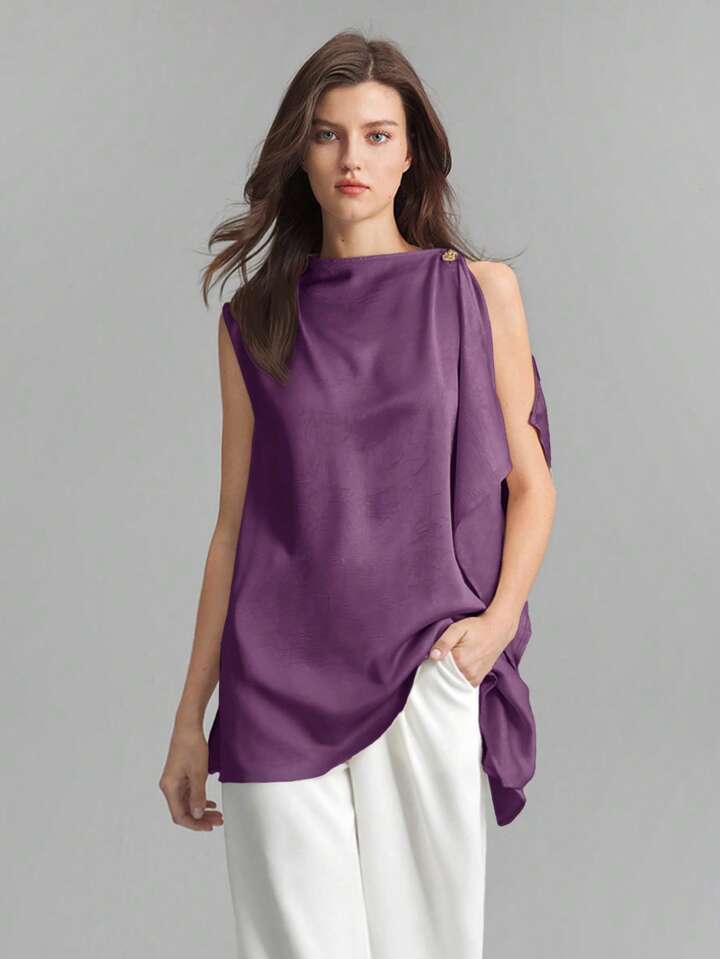 CM-TS460506 Women Casual Seoul Style Asymmetrical Neck Sleeveless Metal Button Asymmetric Sleeveless Top - Purple