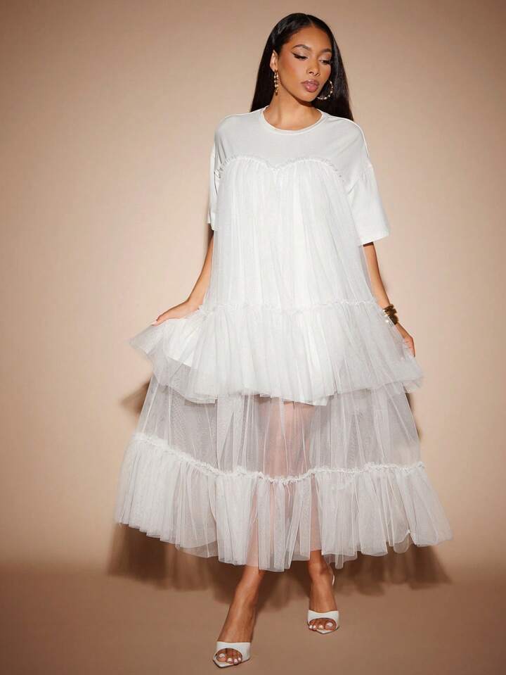 CM-DS261298 Women Elegant Seoul Style Round Neck Short Sleeve Contrast Mesh Tulle Tiered Maxi Dress - White