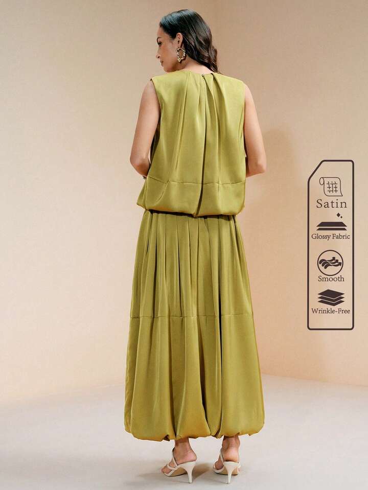 CM-SS530092 Women Elegant Seoul Style Round Neck Pleated Sleeveless Top With High Waist Peplum Skirt - Set