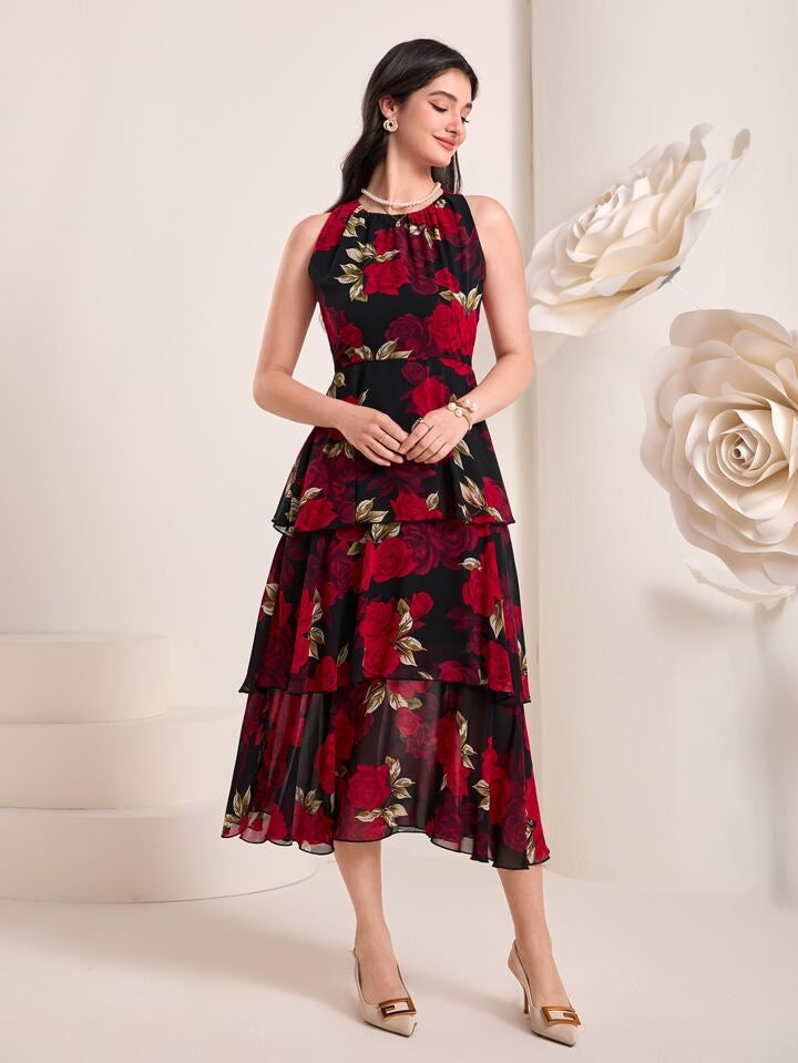 CM-DS928568 Women Casual Seoul Style Floral Print Sleeveless Ruffle Hem Dress