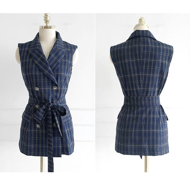 CM-SF072801 Women Elegant Seoul Style Double-Breasted Tailored Collar Plaids Long Suits