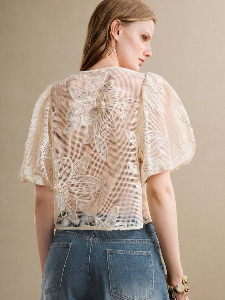 CM-TS586778 Women Elegant Seoul Style Lace Hollow Petal Sleeve Floral Design Blouse - Apricot