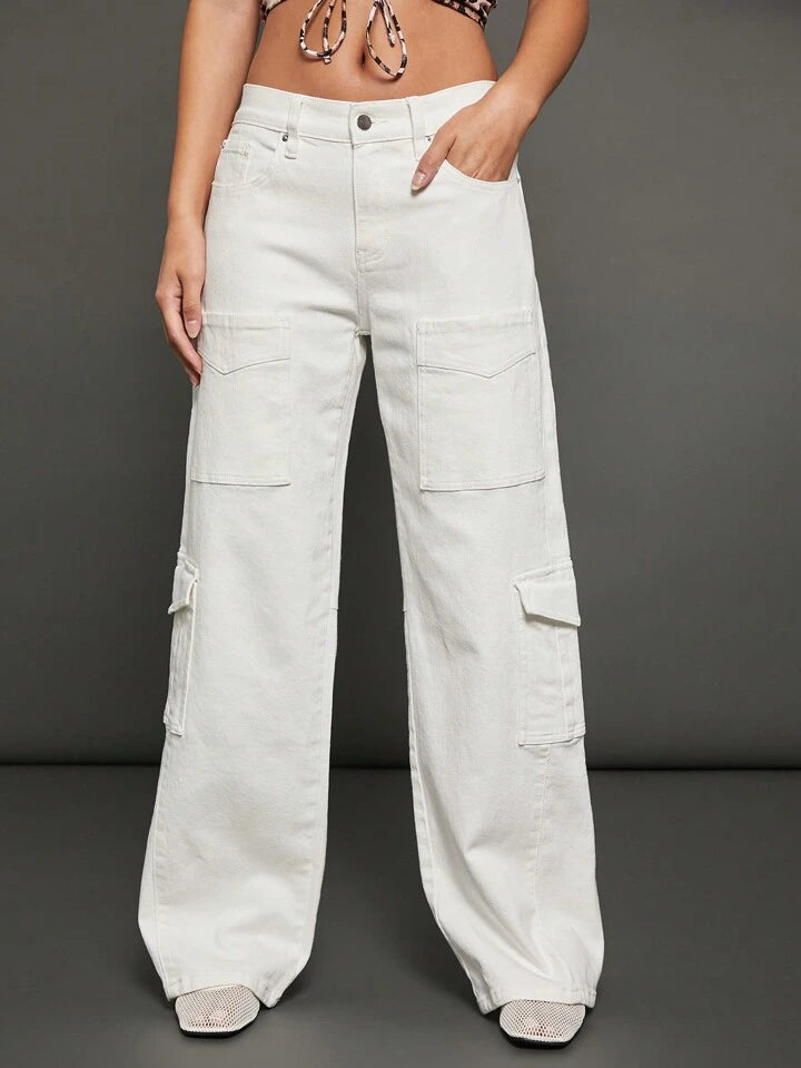 CM-BS703730 Women Casual Seoul Style Plain Zipper Fly Wide Leg Cargo Jeans - White