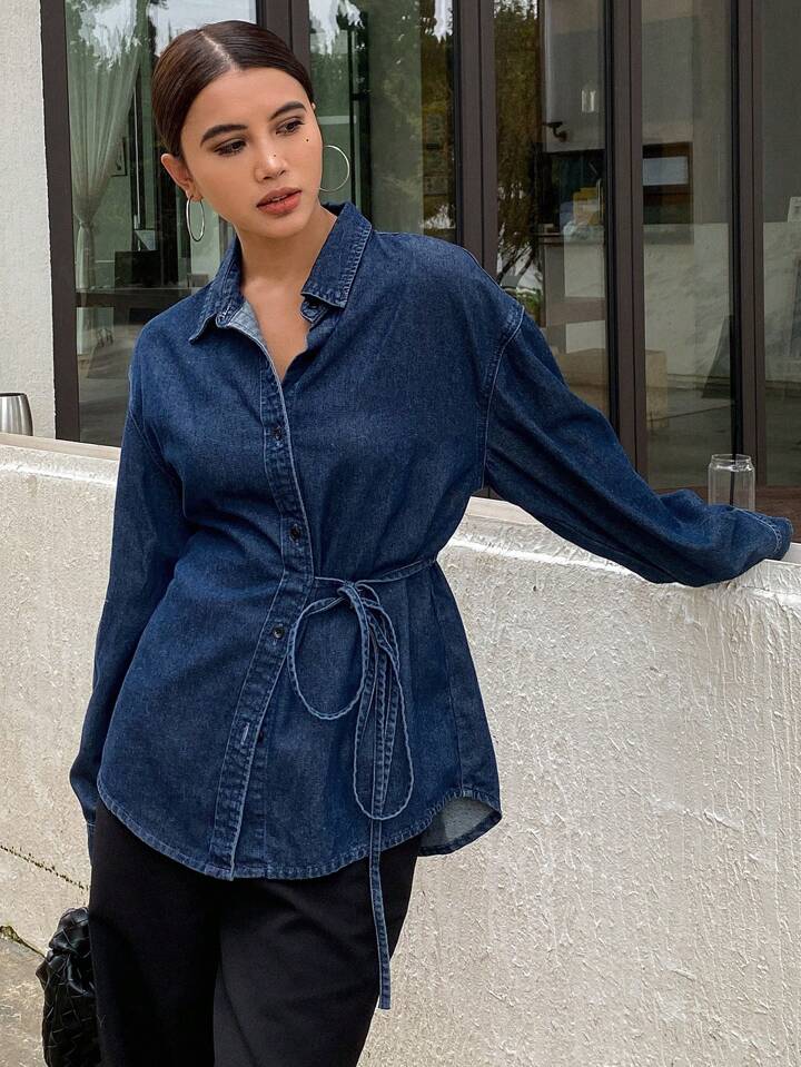 CM-TS761716 Women Casual Seoul Style Solid Color Tie Loose Lapel Long Sleeve Denim Jacket - Blue