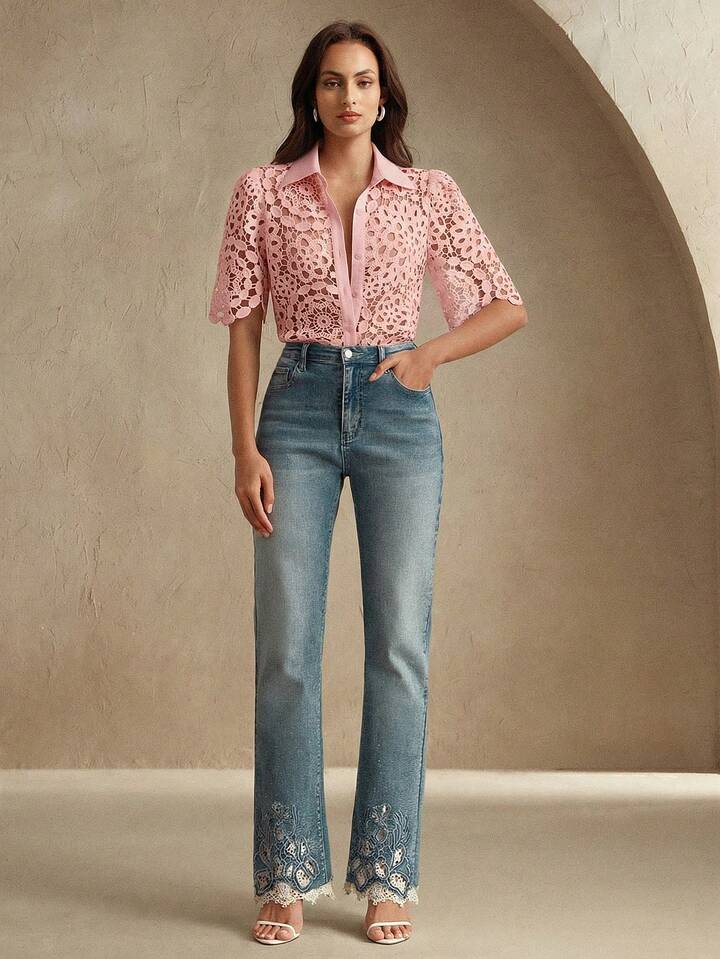 CM-TS474111 Women Casual Seoul Style Collar Neckline Half Sleeve Floral Hollow Out Lace Shirt Blouse - Pink