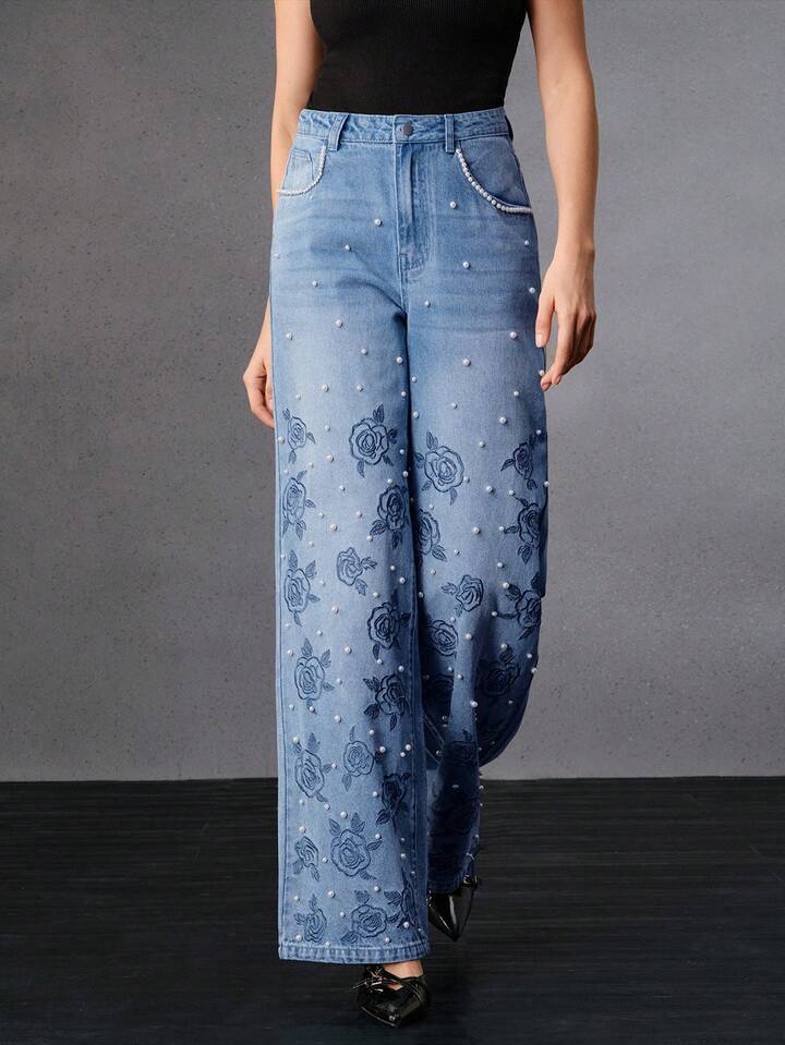 CM-BS039013 Women Elegant Seoul Style Mid Waist Embroidered Straight Leg Jeans - Blue