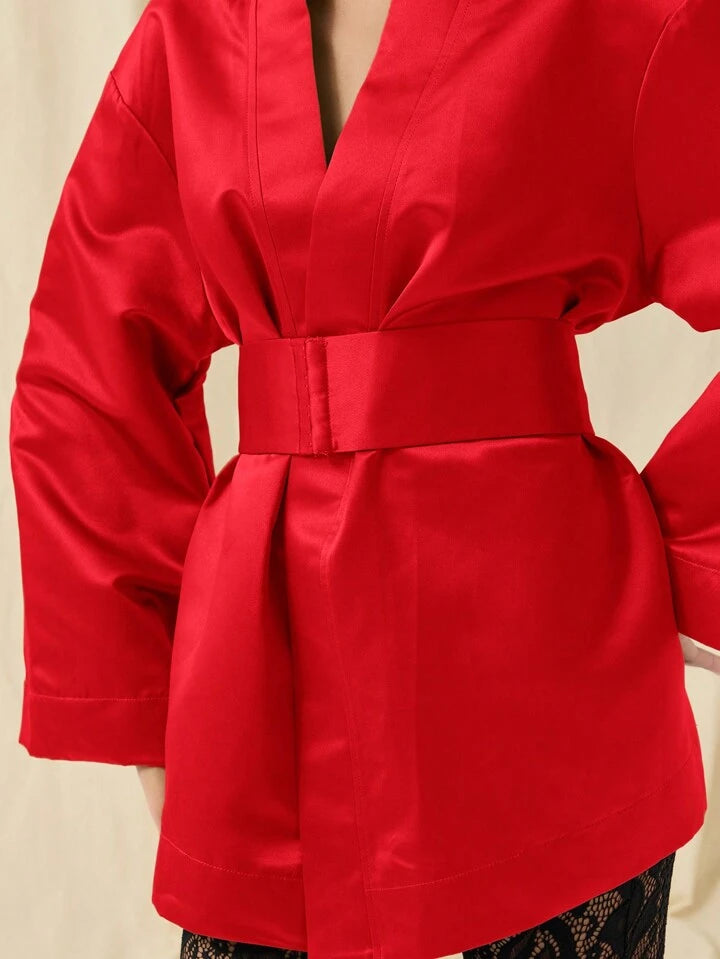 CM-DS752680 Women Elegant Seoul Style Solid Color Deep V-Neck Bell Sleeve Mini Dress - Red