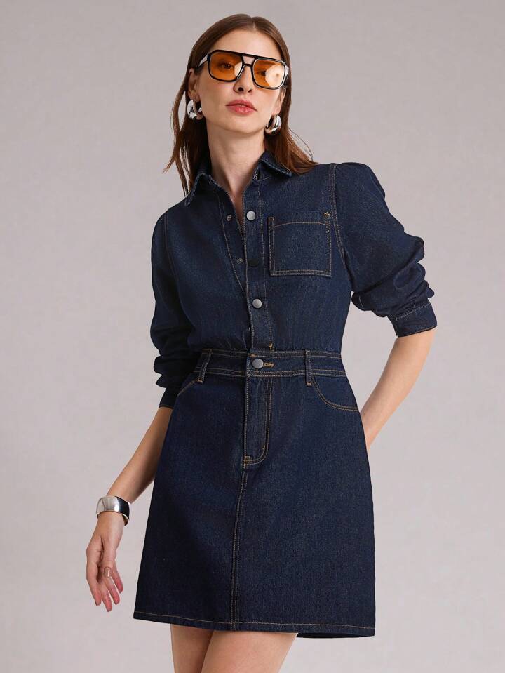 CM-DS437471 Women Casual Seoul Style Dark Wash Collar Neckline Long Sleeve Cinched Waist Denim Dress