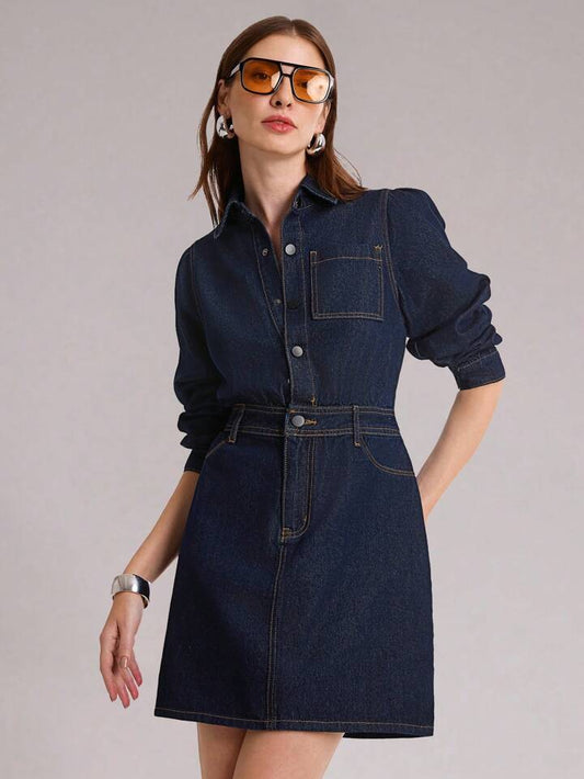 CM-DS437471 Women Casual Seoul Style Dark Wash Collar Neckline Long Sleeve Cinched Waist Denim Dress
