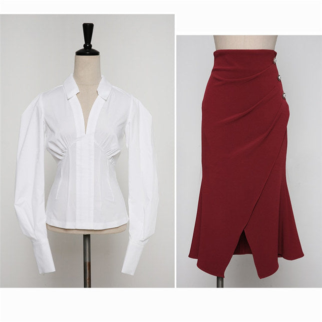 CM-SF081107 Women Elegant Seoul Style V-Neck Puff Sleeve Blouse With Fishtail Skirt - Set