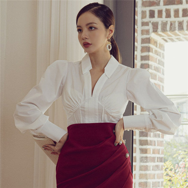 CM-SF081107 Women Elegant Seoul Style V-Neck Puff Sleeve Blouse With Fishtail Skirt - Set