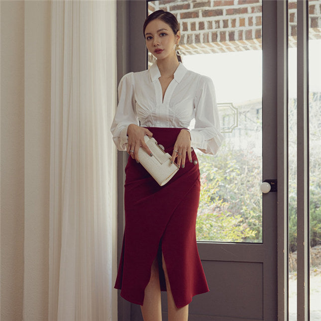 CM-SF081107 Women Elegant Seoul Style V-Neck Puff Sleeve Blouse With Fishtail Skirt - Set