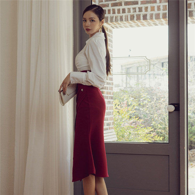 CM-SF081107 Women Elegant Seoul Style V-Neck Puff Sleeve Blouse With Fishtail Skirt - Set