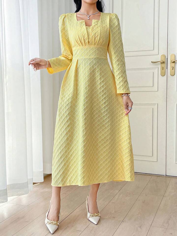 CM-DS227858 Women Elegant Seoul Style Square Neck Puff Sleeve Plaid Jacquard Gathered Dress - Yellow