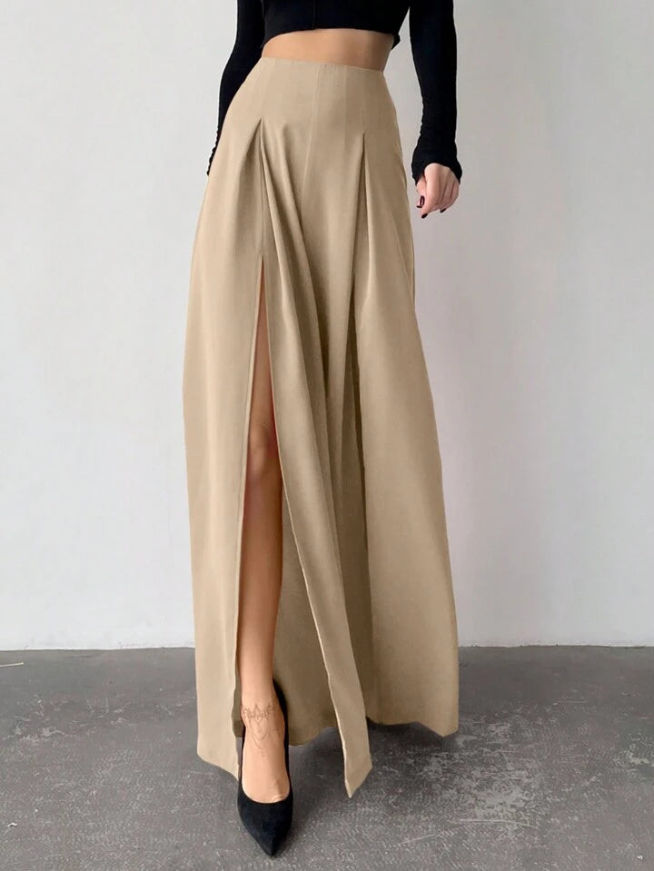 CM-BS632065 Women Casual Seoul Style High Slit Skirt Pants Trousers - Khaki