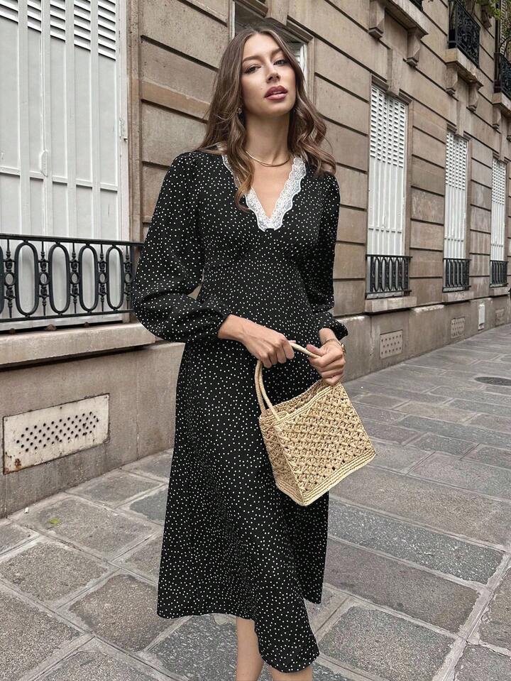CM-DS602377 Women Casual Seoul Style V-Neck Puff Sleeve Floral Lace Patchwork Polka Dot Dress - Black