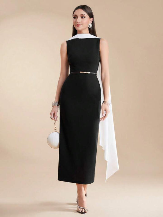 CM-DS164382 Women Elegant Seoul Style Colorblock Slim Fit Sleeveless Midi Dress - Black