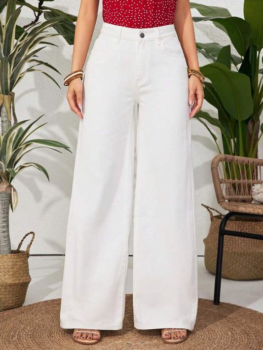CM-BS926796 Women Casual Seoul Style Solid Color High Waist Wide Leg Pants - White