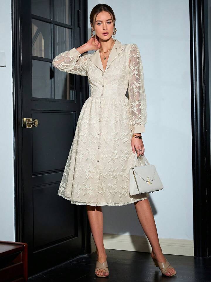 CM-DS645285 Women Elegant Seoul Style Embroidered Mesh Stand Collar Elastic Waist A-Line Dress - Apricot