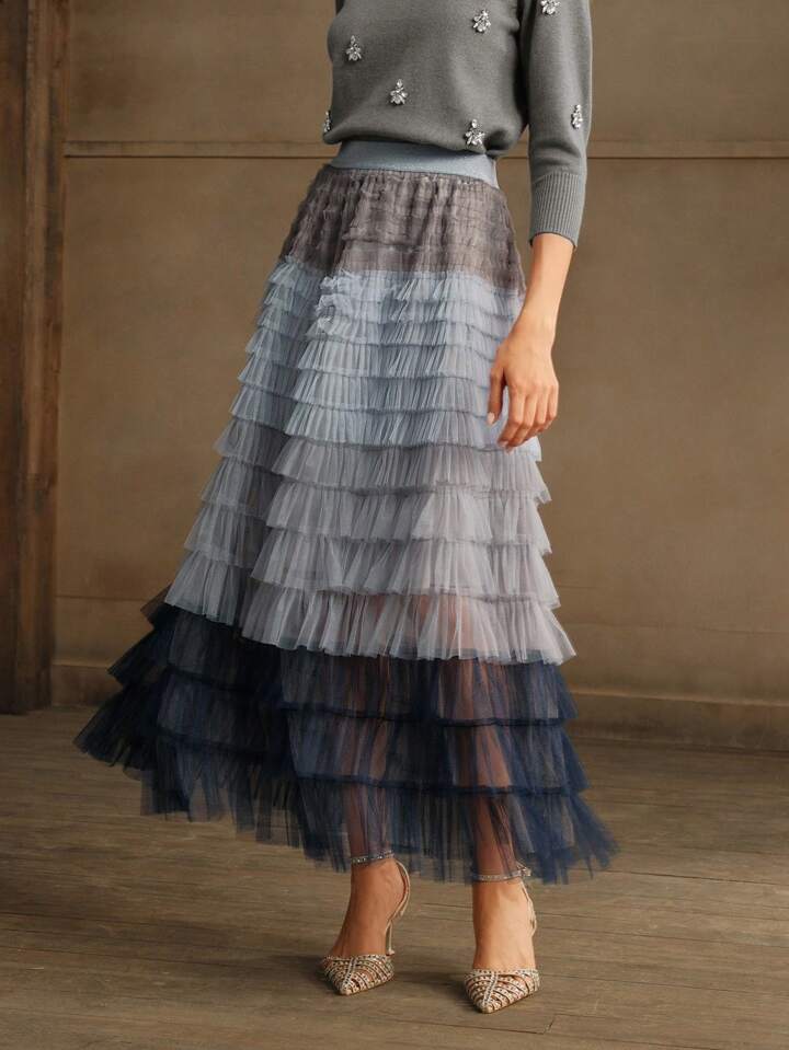 CM-BS752533 Women Elegant Seoul Style High Waist Gradient Mesh Contrast Cake Tulle Skirt - Blue