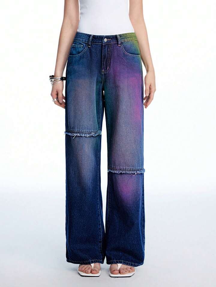 CM-BS022503 Women Casual Seoul Style Dark Wash Colorful Low Waist Extra Long Straight Leg Denim Jeans