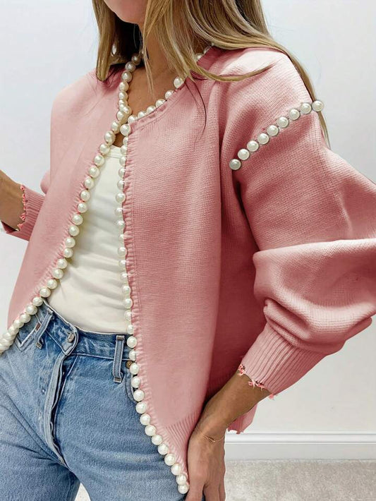 CM-CS621759 Women Casual Seoul Style Pearl Trim Distressed Hem Long Sleeve Knit Sweater - Pink