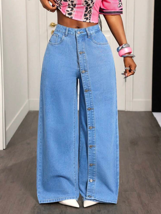 CM-BS114741 Women Casual Seoul Style Medium Wash Mid Waist Button-Up Multi-Pocket Wide Leg Denim Pants
