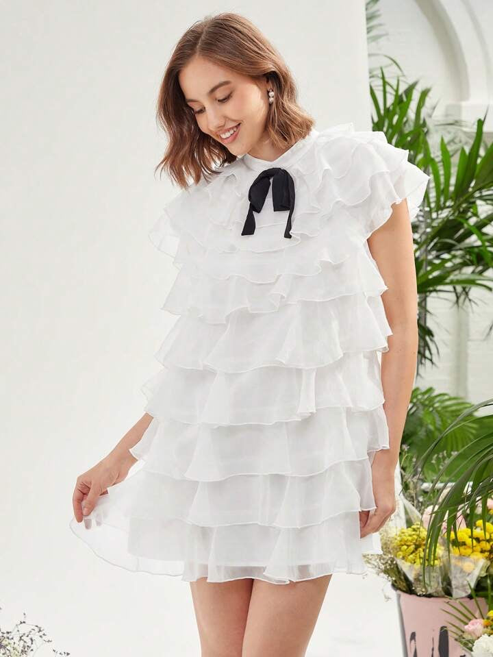 CM-DS601121 Women Elegant Seoul Style Tie Neck Short Sleeve Ruffle Trim Organza Dress