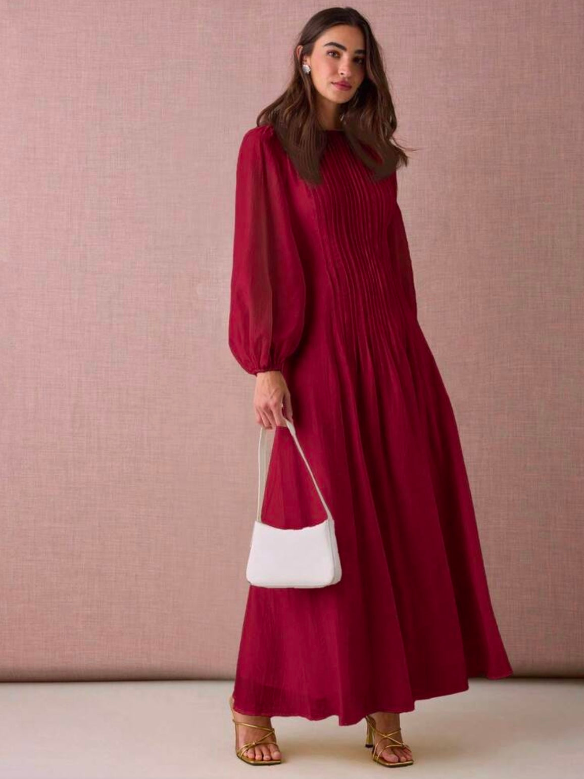 CM-DS919801 Women Elegant Seoul Style Round Neck Lantern Sleeve Pleated Design A-Line Maxi Dress - Burgundy