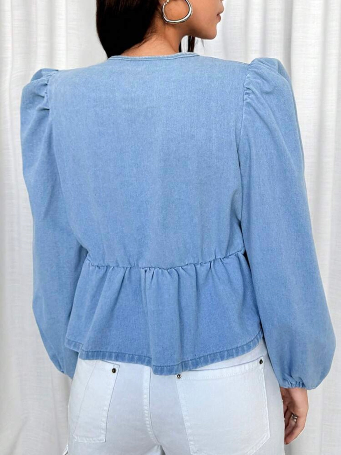 CM-TS323902 Women Casual Seoul Style Front Tie Ruffle Detail Long Sleeve Denim Blouse